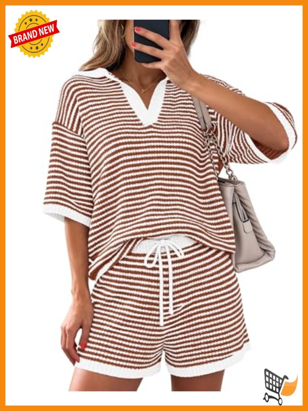 Lounge Set 2 Piece Short Sleeve V Neck Striped Top Drawstring Shorts Summer